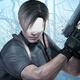 Leon from Resident Evil 4 wearing a VR headset while holding a pistol.